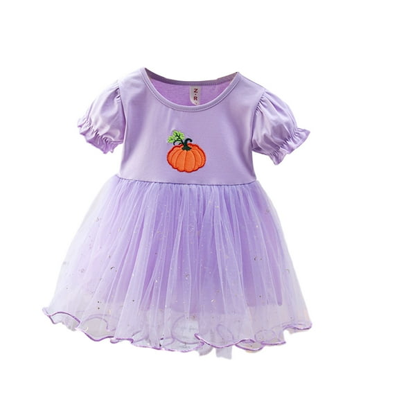 Odeerbi Toddler Girls Easter Tulle Dress 1-4 Years Baby Children's Summer Princess Solid Color Pumpkin Short Sleeve Mesh Princess Cotton Dress Purple