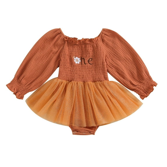 Odeerbi Toddler Girls Embroidered Romper Jumpsuit with Tulle Tutu Skirt Baby Clothes New Fashion Casual Children's Climbing Clothes Long Sleeve Mesh Embroidered Bodysuit Orange