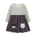 thumbnail image 1 of Odeerbi Toddler Girls Fall Long Sleeve Dress Striped Cartoon Print Cotton Dress Fashion New Pleated Round Neck Printed Dress Beige, 1 of 5