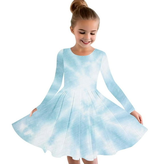 Odeerbi Kids Girls Fall Long Sleeve Tie-dye Dress Party Swing A Line Dress Casual Strechy Crewneck Flowy Dress Twirly School Recital Dress Light Blue