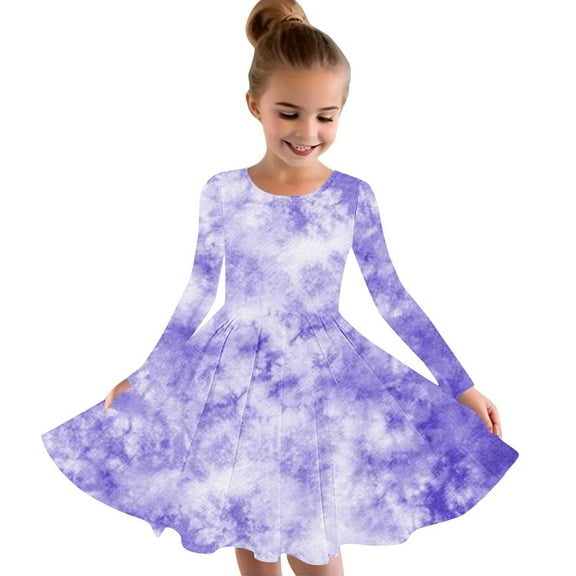 Odeerbi Kids Girls Fall Long Sleeve Tie-dye Dress Party Swing A Line Dress Casual Strechy Crewneck Flowy Dress Twirly School Recital Dress Light Purple