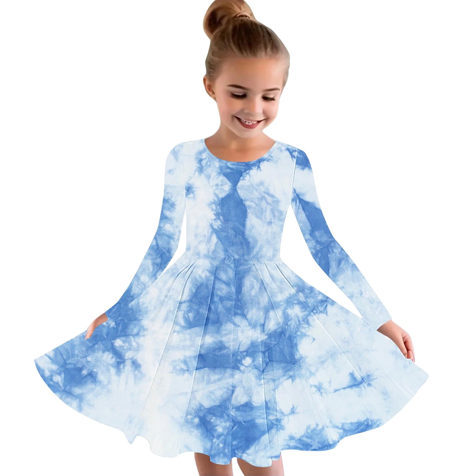 Odeerbi Toddler Girls Fall Long Sleeve Tie-dye Dress Party Swing A Line  Dress Casual Strechy Crewneck Flowy Dress Twirly School Recital Dress Blue  - Walmart Business Supplies
