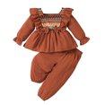 thumbnail image 1 of Odeerbi Toddler Girls Fall Outfits Retro Patchwork Ruffle Tops Pants Set Children's Clothes Fashion Casual Solid Color Stitching Bow Top Set Brown, 1 of 9