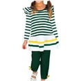 thumbnail image 1 of Odeerbi Toddler Girls Fall Outfits Striped Ruffle Tops Leggings Set Fashion Casual Round Neck Long Sleeve Tops Printed Long Pants Sets Green, 1 of 5