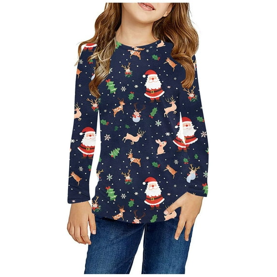 Odeerbi Toddler Girls Fall Winter Basic Layering T-Shirt Christmas Basic Tees 3-14 Years Kids Christmas Print Pullover Long Sleeve Top Base Layer Shirt Toddler Clothes Navy