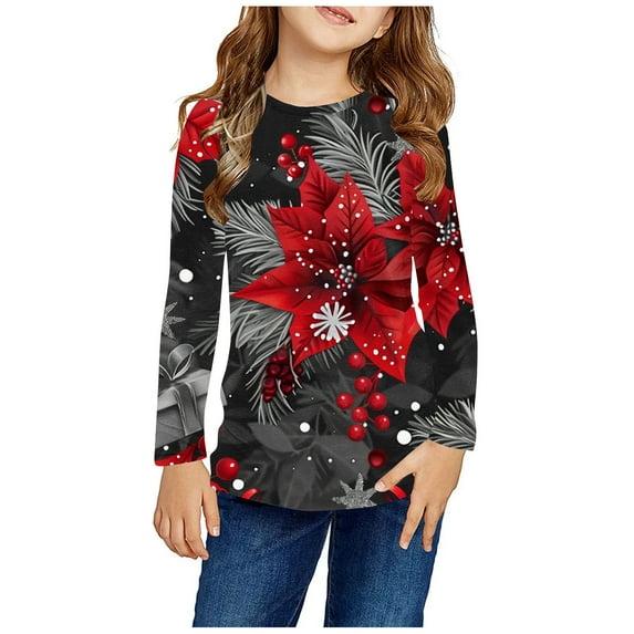 Odeerbi Toddler Girls Fall Winter Basic Layering T-Shirt Christmas Basic Tees 3-14 Years Kids Christmas Print Pullover Long Sleeve Top Base Layer Shirt Toddler Clothes Red