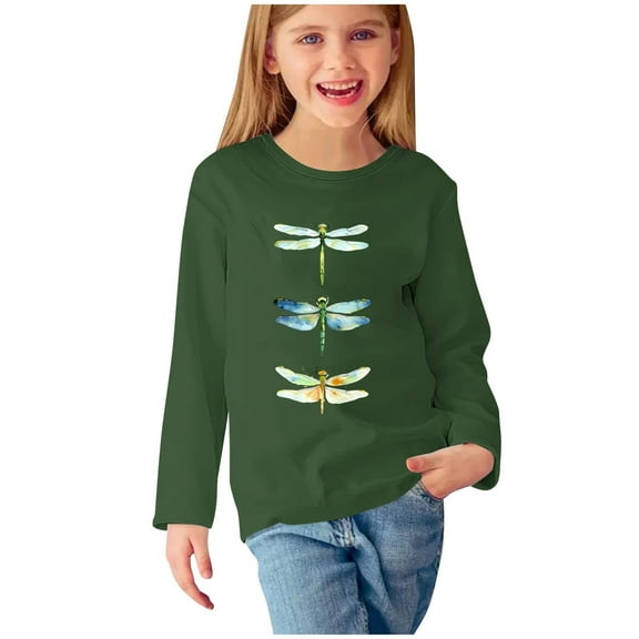 Odeerbi Toddler Girls Fall Winter Basic Layering T-Shirt Cute Print Basic Tees Long Sleeve Shirts Cute Crewneck Tops Dressy Casual Blouses Base Layer Toddler Clothes Olive Green