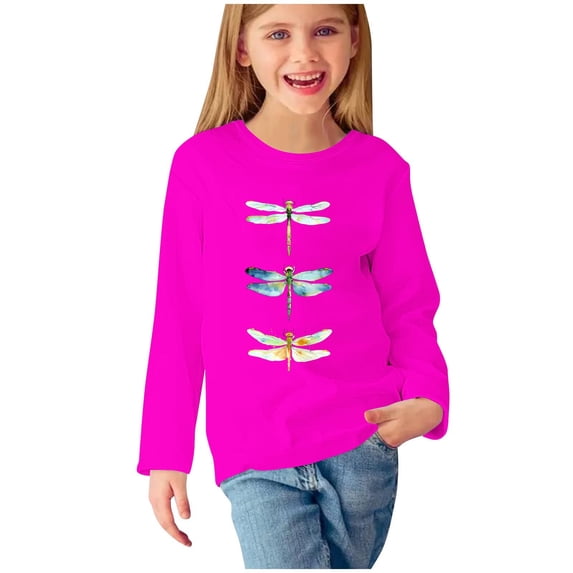 Odeerbi Toddler Girls Fall Winter Basic Layering T-Shirt Cute Print Basic Tees Long Sleeve Shirts Cute Crewneck Tops Dressy Casual Blouses Base Layer Toddler Clothes Hot Pink