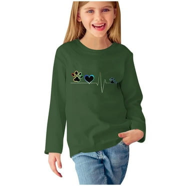Odeerbi Toddler Girls Fall Winter Basic Layering T-Shirt Cute Print Basic Tees Long Sleeve Shirts Cute Crewneck Tops Dressy Casual Blouses Base Layer Toddler Clothes Olive Green