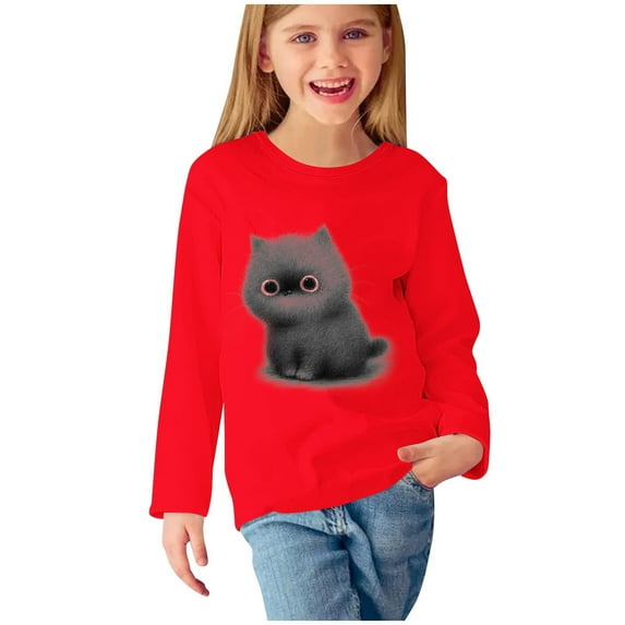 Odeerbi Toddler Girls Fall Winter Basic Layering T-Shirt Cute Print Basic Tees Long Sleeve Shirts Cute Crewneck Tops Dressy Casual Blouses Base Layer Toddler Clothes Red
