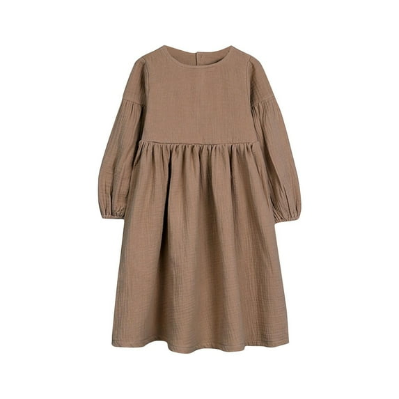 Odeerbi Toddler Girls Fall Winter Cotton Linen Dress Princess Dress Long Sleeve Solid Color Dress Round Neck Bow Skirt Coffee
