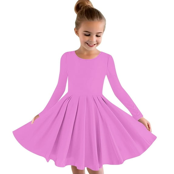 Odeerbi Toddler Girls Fall Winter Flowy Princess Dresses Long Sleeve Stretchy Dress A Line Twirly Skater School Recital Dress Pink