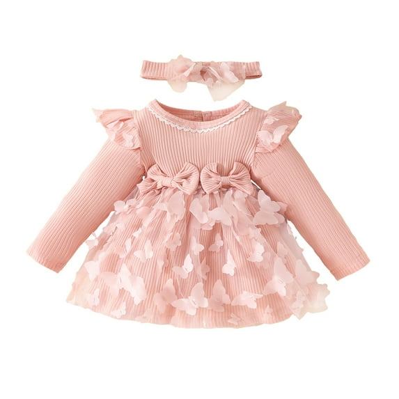 Odeerbi Toddler Girls Fall Winter Long Sleeve Dress Lace Ruffle Rib Knit Cotton Dress Fashion Sweet New Solid Color Pleated Round Neck Long Dress Pink