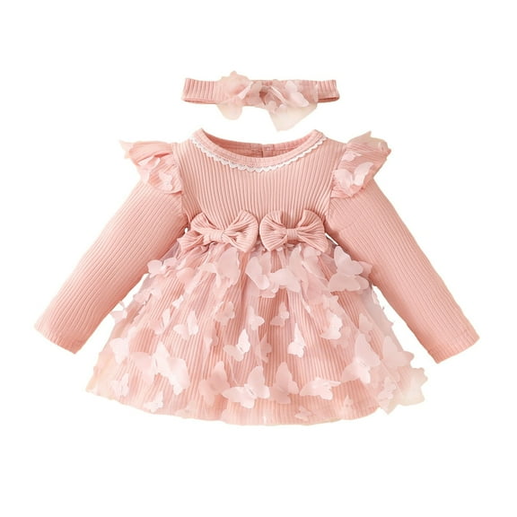 Odeerbi Toddler Girls Fall Winter Long Sleeve Dress Lace Ruffle Rib Knit Cotton Dress Fashion Sweet New Solid Color Pleated Round Neck Long Dress Pink