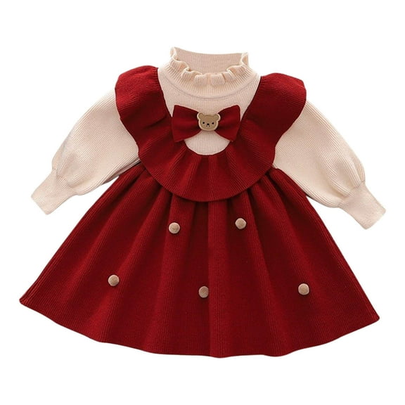 Odeerbi Toddler Girls Fall Winter Long Sleeve Sweater Dress Bow Ruffle Rib Knit Cotton Dress 1-8 Years Cute Lace Patchwork Round Neck Dress Toddler Clothes Red