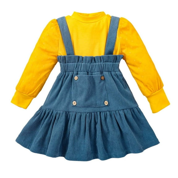Odeerbi Toddler Girls Fall Winter Outfits Corduroy Skirt Set Round Neck Solid Color Long Sleeve Top + Suspender Skirt Set Toddler Clothes Blue