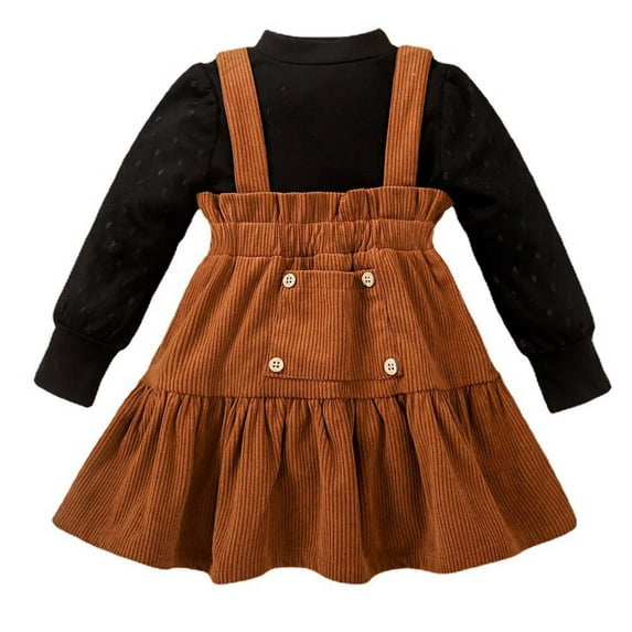 Odeerbi Toddler Girls Fall Winter Outfits Corduroy Skirt Set Round Neck Solid Color Long Sleeve Top + Suspender Skirt Set Toddler Clothes Brown