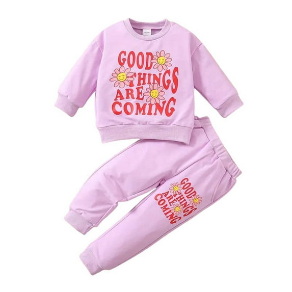 Odeerbi Toddler Girls Fall Winter Outfits Floral Sweatsuits Cute Tracksuit Letter Flower Sweatshirt Sweatpants Two-piece Set Toddler Clothes Purple