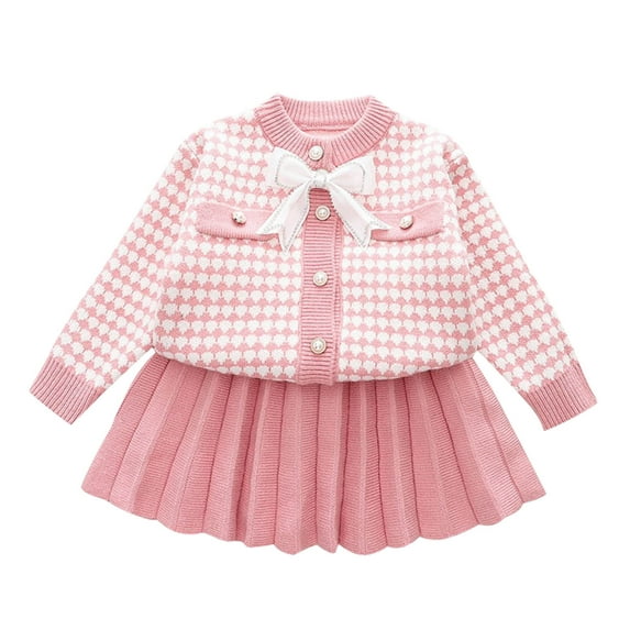 Odeerbi Toddler Girls Fall Winter Outfits Knitting Cardigan Sweater with Pleated Skirt Set 1-8 Years Kids Long Sleeve Tie Button Jacket Short Skirt Two Piece Set Toddler Clothes Pink