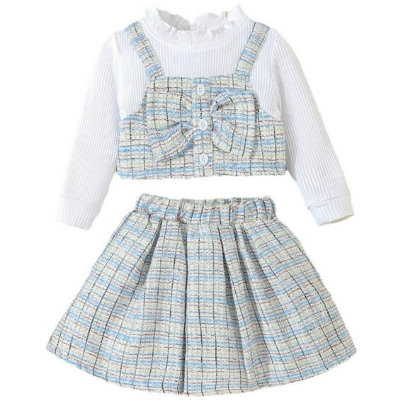 Odeerbi Toddler Girls Fall Winter Outfits Plaid Rib Knit Skirt Set College Style Solid Color V-neck Top Pleated Skirt Set Toddler Clothes Light Blue