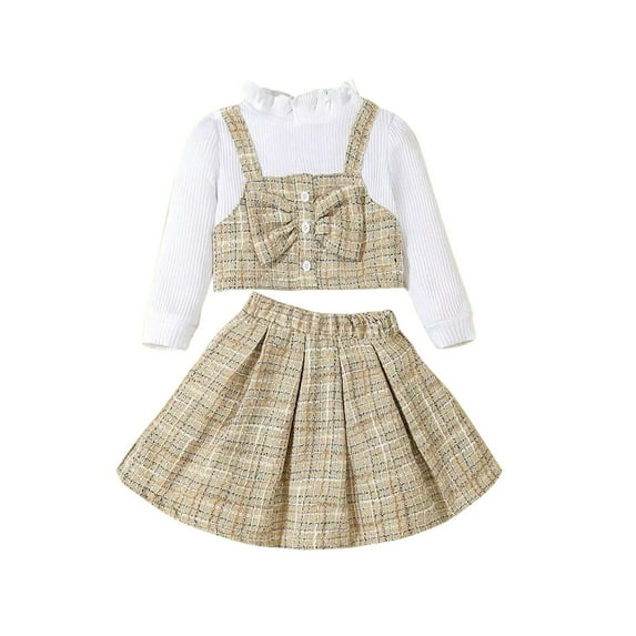 Odeerbi Toddler Girls Fall Winter Outfits Plaid Rib Knit Skirt Set College Style Solid Color V-neck Top Pleated Skirt Set Toddler Clothes Yellow