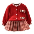 thumbnail image 1 of Odeerbi Toddler Girls Fall Winter Outfits Rabbit Cardigan Sweater with Plaid Pleated Skirt Set 1-8 Years Kids Cute Long Sleeve Tie Button Sweater Skirt Two-piece Set Toddler Clothes Red, 1 of 9