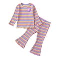 thumbnail image 1 of Odeerbi Toddler Girls Fall Winter Outfits Rainbow Long Sleeve Tops Ribbed Flared Pants Baby Colored Cotton Lettuce Trim Top Pants Set Toddler Clothes Purple, 1 of 5