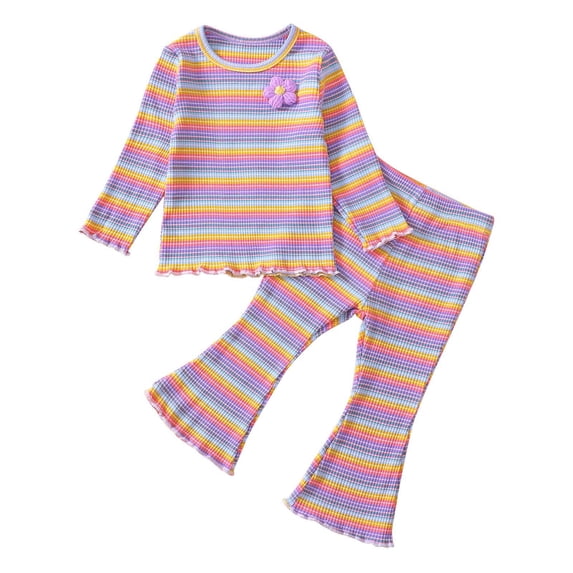Odeerbi Toddler Girls Fall Winter Outfits Rainbow Long Sleeve Tops Ribbed Flared Pants Baby Colored Cotton Lettuce Trim Top Pants Set Toddler Clothes Purple