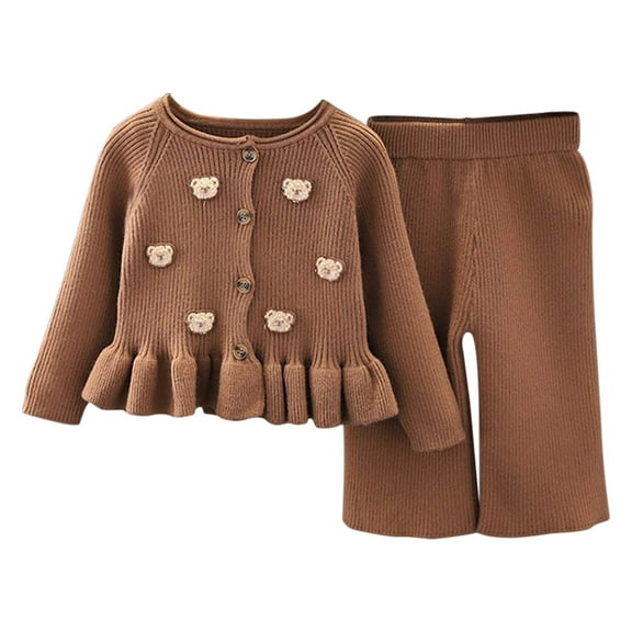 Odeerbi Toddler Girls Fall Winter Outfits Ruffle Ribbed Sweater Knitted Pants Set 1-8 Years Kids Bear Button Sweater Pants Two Piece Set Long Sleeve Knitted Top Set Toddler Clothes Coffee