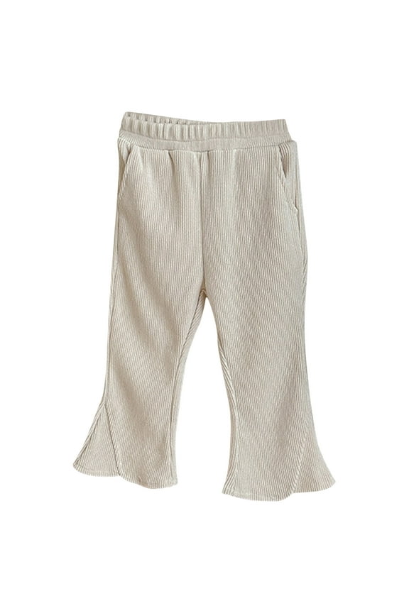 Toddler Girls Flared Pants Rib Knit Cotton Long Pants 1-10 Years Cute Side Slit Solid Color Versatile Mid Waist Bell Bottom Pants Beige