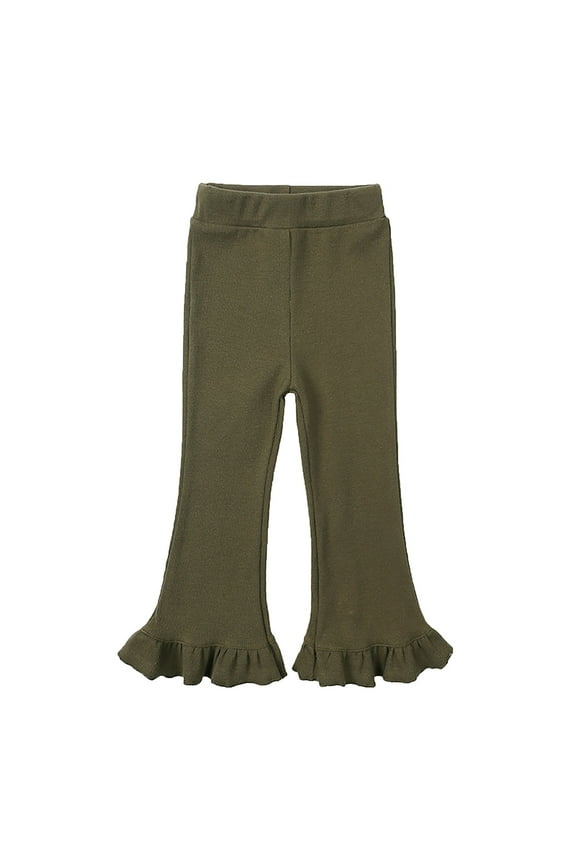 Toddler Girls Flared Pants Ruffle Cotton Long Pants Child's Baby Casual Summer Cute Solid Color Slim Knit Pants Olive Green