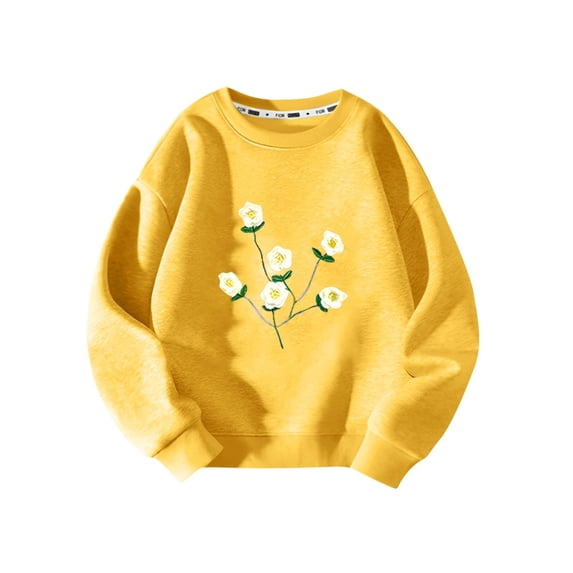 Odeerbi Toddler Girls Fleece Crewneck Sweatshirts Winter Warm Pullover Sweatshirts Printed Fleece Winter Round Neck Long Sleeve Base Shirt Children Clothing Yellow