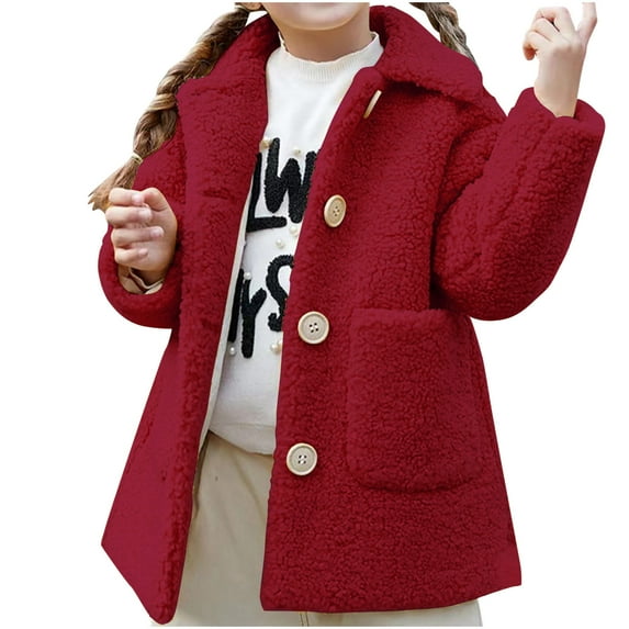 Odeerbi Toddler Girls Fleece Jacket Coat Winter Thermal Outerwear Kids Fashion Cute Solid Color Windproof Padded Jacket Lapel Coat Burgundy