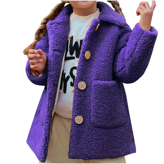 Odeerbi Toddler Girls Fleece Jacket Coat Winter Thermal Outerwear Kids Fashion Cute Solid Color Windproof Padded Jacket Lapel Coat Purple
