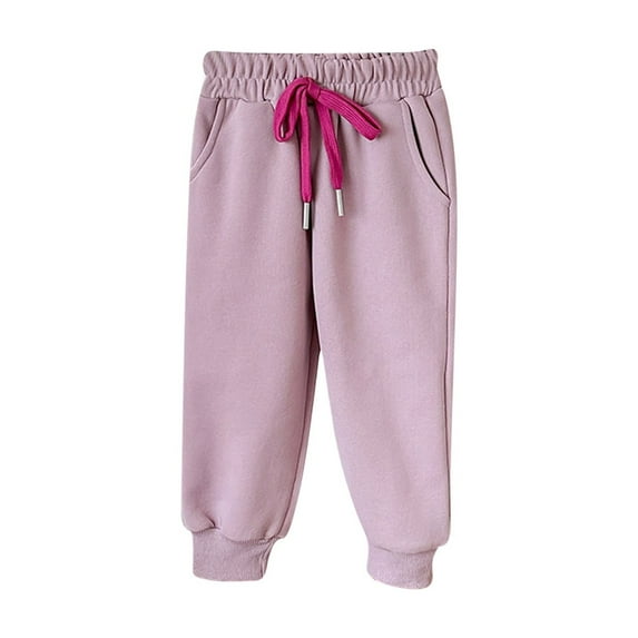 Odeerbi Kids Girls Fleece Lined Jogger Pants Winter Thermal Cotton Sweatpants 1-10 Years Casual Solid Color Drawstring Straight Leg Ankle Pants Long Pants Purple