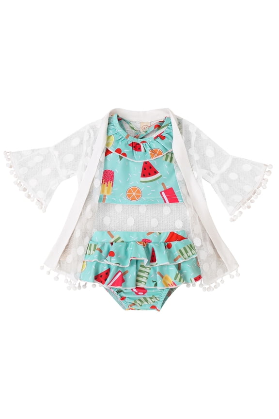 Toddler Girls Floral Bikini Set with Kimono Cover Up Halter 3-Piece Swimsuit Summer Ruffled Hanging Neck Swimwear Watermelon Printed Swim Trunks Net Gauze Beachwear Set White