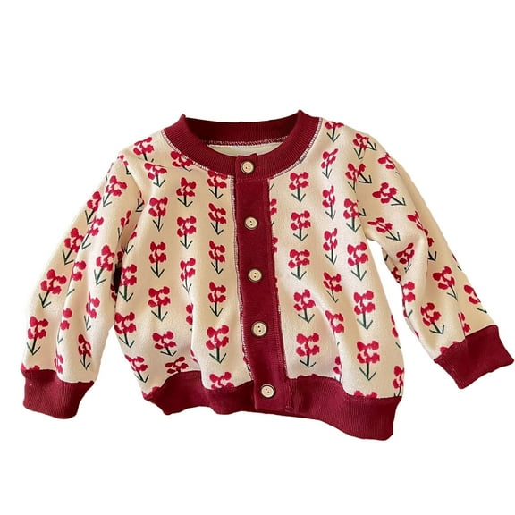 Odeerbi Toddler Girls Floral Cardigan Cute Printed Fall Winter Warm Coat 1-10 Years Long Sleeve Jacket Children's Clothes Red