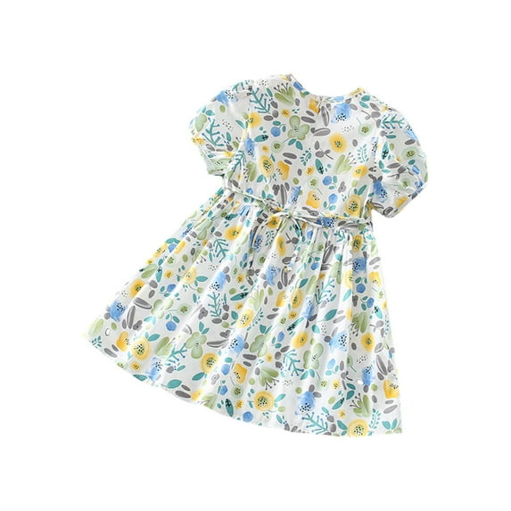 Odeerbi Toddler Girls Floral Dress Floral Printed Cotton Puff Sleeve Baby Dress Cute Kids Dresses 2-6 Years Blue