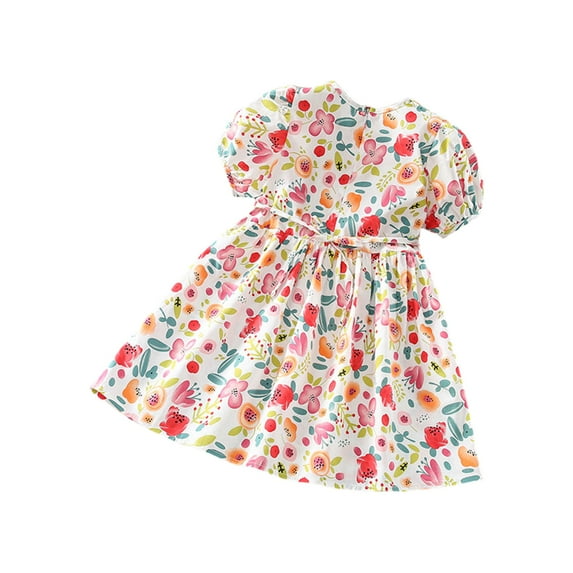Odeerbi Toddler Girls Floral Dress Floral Printed Cotton Puff Sleeve Baby Dress Cute Kids Dresses 2-6 Years Red