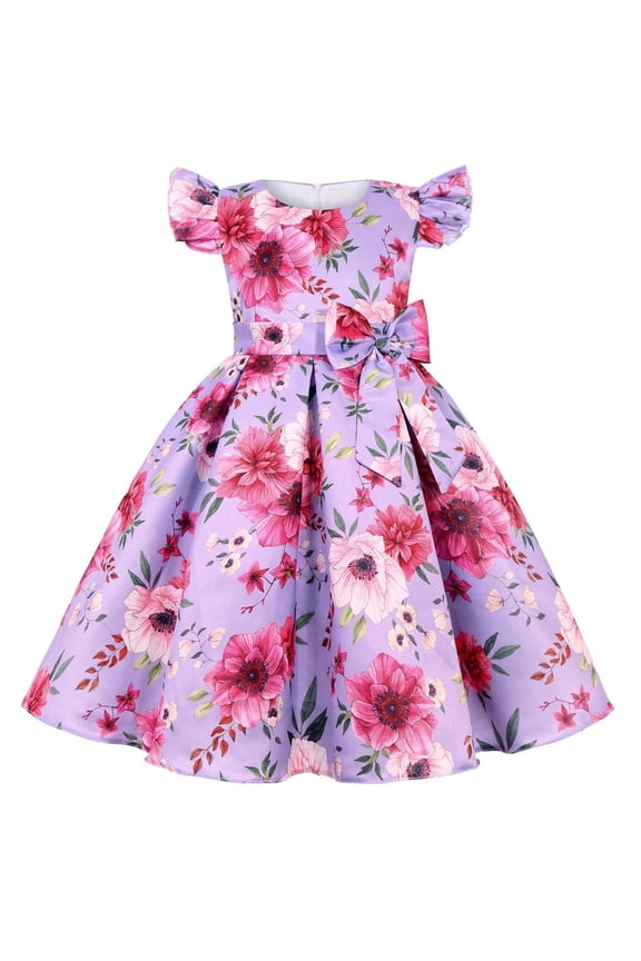 Toddler Girls Floral Princess Dress Ruffle Sleeve Bowknot Gowns Birthday Party Dress Children's Printed Bow Dress Stage Performance Outfits Purple