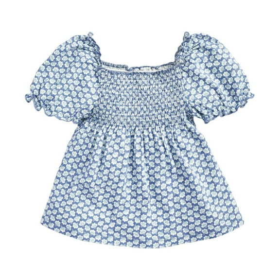 Odeerbi Toddler Girls Floral Puff Sleeve Tops 2-7 Years Children's Cotton Shirt Clothing Summer New Short Sleeve Round Neck Blouse Blue