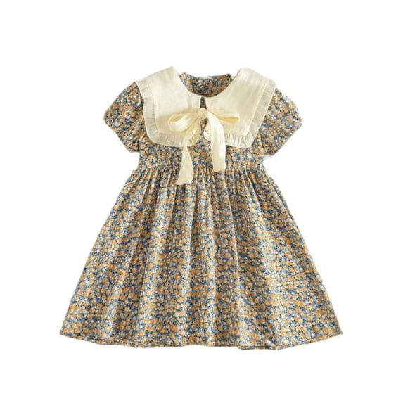 Odeerbi Toddler Girls Floral Vintage Peter Pan Collar Dress Floral Print Short Sleeve Princess Dress Summer Outfits Casual Beach Clothes 18 Months-4 Years White