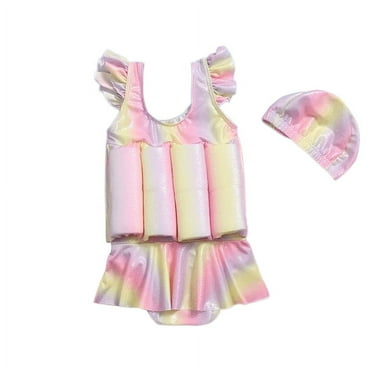 Odeerbi Toddler Girls Flotation Swimsuit with Swim Cap Toddler Baby Float Cute Sleeveless One-piece Swimwear + Swimming Cap Buoyancy Swimsuit Suit Multicolor 3-4 Years