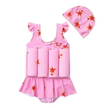 Odeerbi Toddler Girls Flotation Swimsuit with Swim Cap Toddler Baby Float Cute Sleeveless One-piece Swimwear + Swimming Cap Buoyancy Swimsuit Suit Pink 2-3 Years