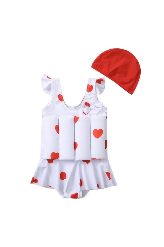 Toddler Girls Flotation Swimsuit with Swim Cap Toddler Baby Float Cute Sleeveless One-piece Swimwear + Swimming Cap Buoyancy Swimsuit Suit White 4-5 Years