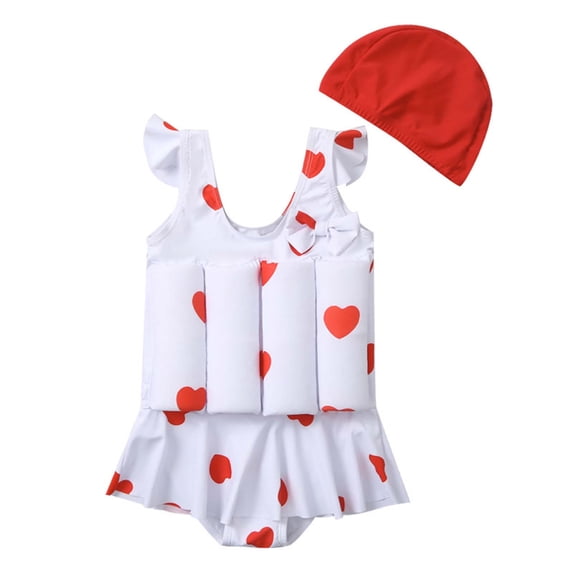 Odeerbi Toddler Girls Flotation Swimsuit with Swim Cap Toddler Baby Float Cute Sleeveless One-piece Swimwear + Swimming Cap Buoyancy Swimsuit Suit White 4-5 Years
