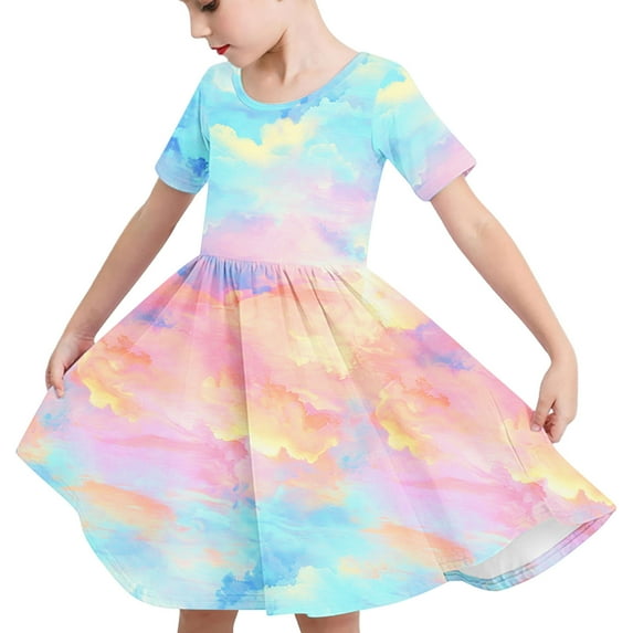 Odeerbi Toddler Girls Gradient Tie-Dye Skater Dress Summer Cute Flared Swing Dress Kids Short Sleeve Stretchy A Line Dress Toddler Girls Clothes