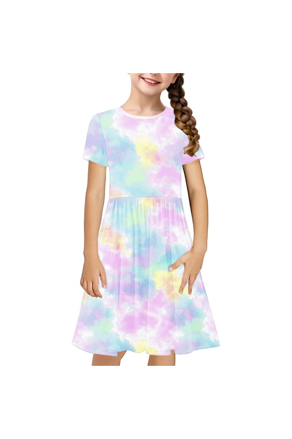 Toddler Girls Gradient Tie-Dye Skater Dress Summer Cute Flared Swing Dress Kids Short Sleeve Stretchy A Line Dress Toddler Girls Clothes
