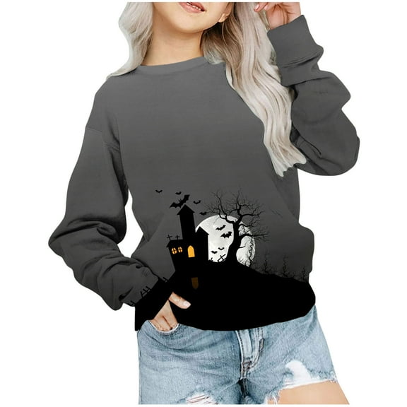 Odeerbi Toddler Girls Halloween Crewneck Sweatshirts Fall Winter Pullover Sweatshirt 1-12 Years Halloween Printed Long Sleeve Sweatshirt Toddler Clothes Gray