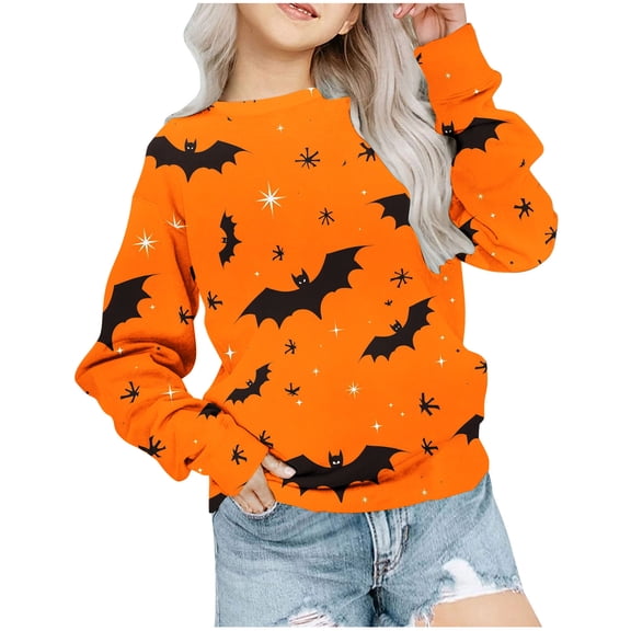 Odeerbi Toddler Girls Halloween Crewneck Sweatshirts Fall Winter Pullover Sweatshirt 1-12 Years Halloween Printed Long Sleeve Sweatshirt Toddler Clothes Orange
